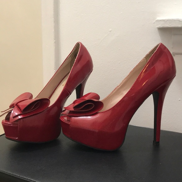 Red Peep Toe Pumps - Picture 2 of 7